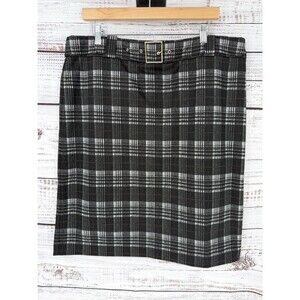 Anne Klein Ponte Knit Pencil Skirt Size XL Black Plaid Gold Buckle Mock Belt NEW
